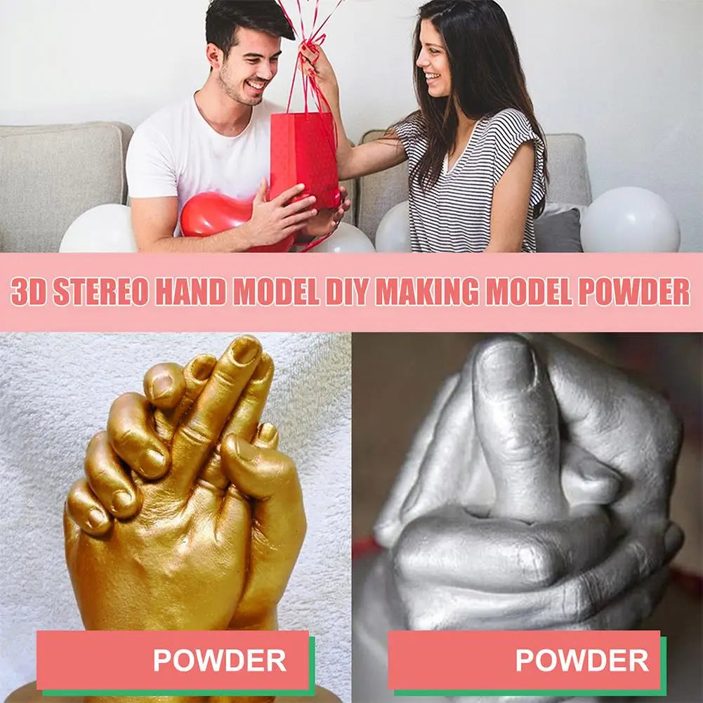 3D stereo hand model DIY making model powder showing a couple holding hands and close-up of gold and silver hand prints