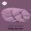 A ball of light purple Merino wool yarn labeled Lirisnly