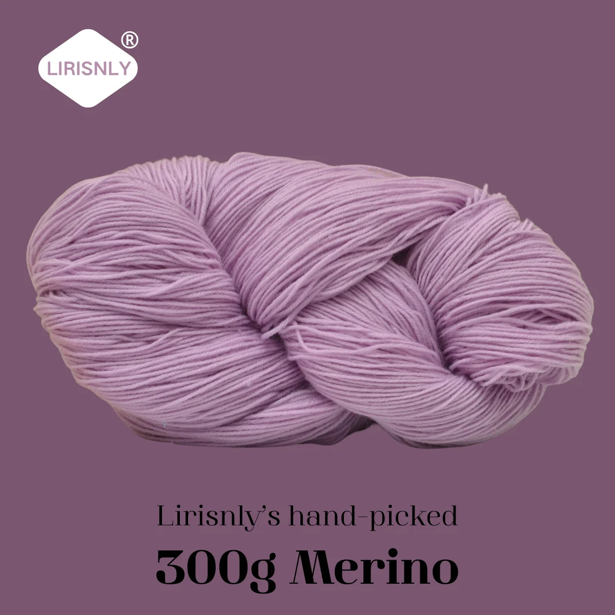 A ball of light purple Merino wool yarn labeled Lirisnly