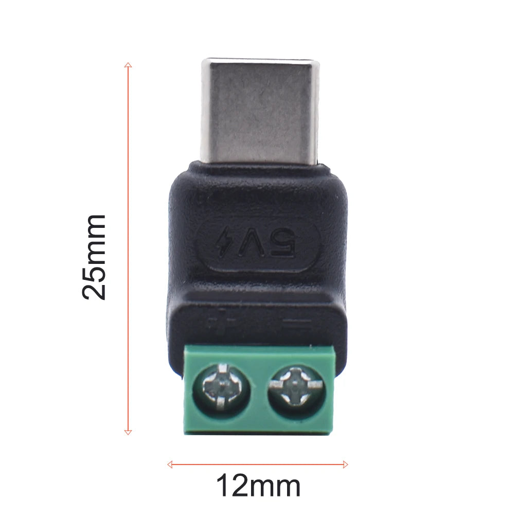 A black No-Solder Type-C to 2-Pin Quick Connect Adapter with a metal connector and green PCB pins.