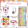 A collection of DIY birthday party goodie bags featuring a cup, stickers, and pencil in various colors and designs.