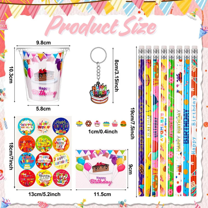 A collection of DIY birthday party goodie bags featuring a cup, stickers, and pencil in various colors and designs.