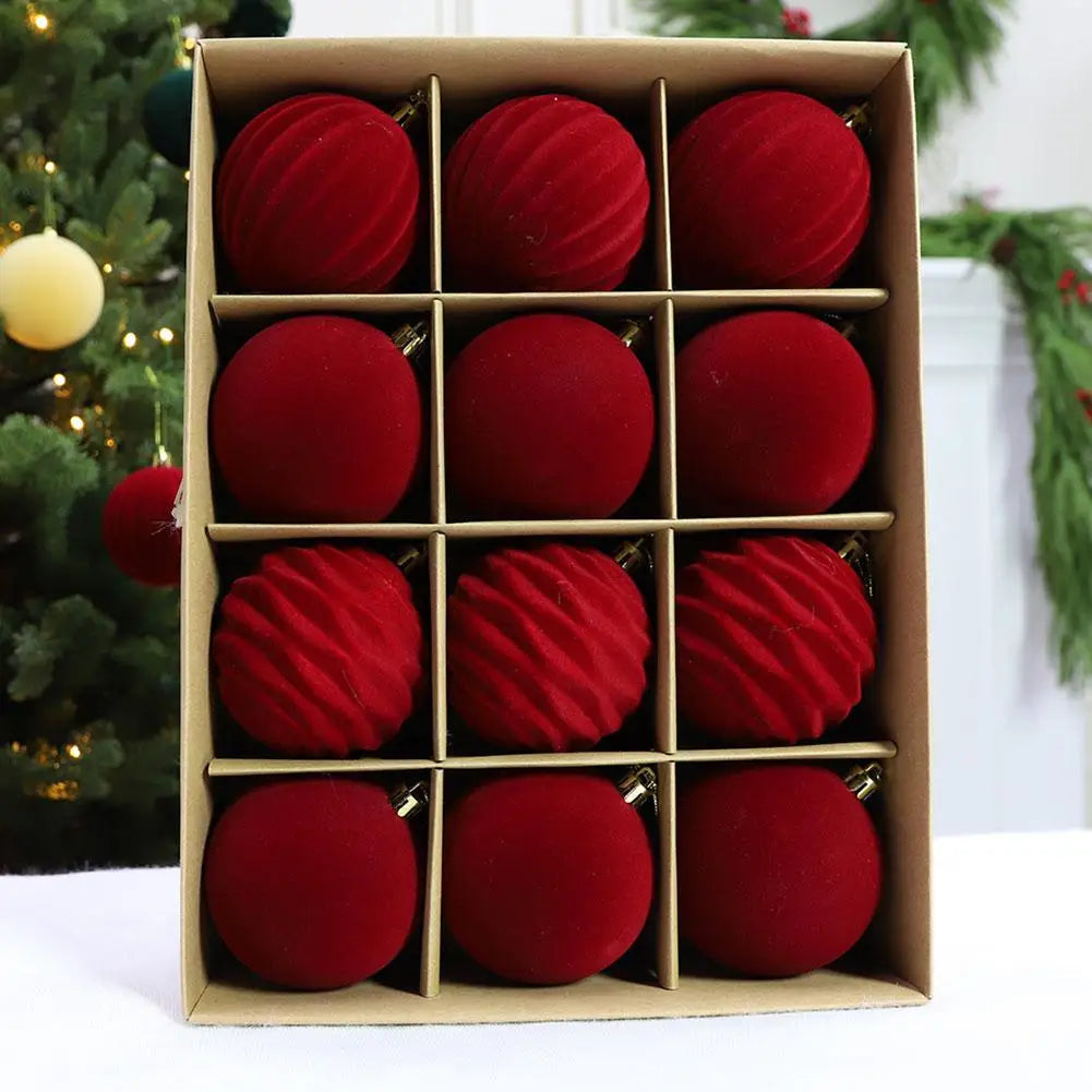 Set of 12 Velvet Flocked Christmas Tree Ornaments in Green