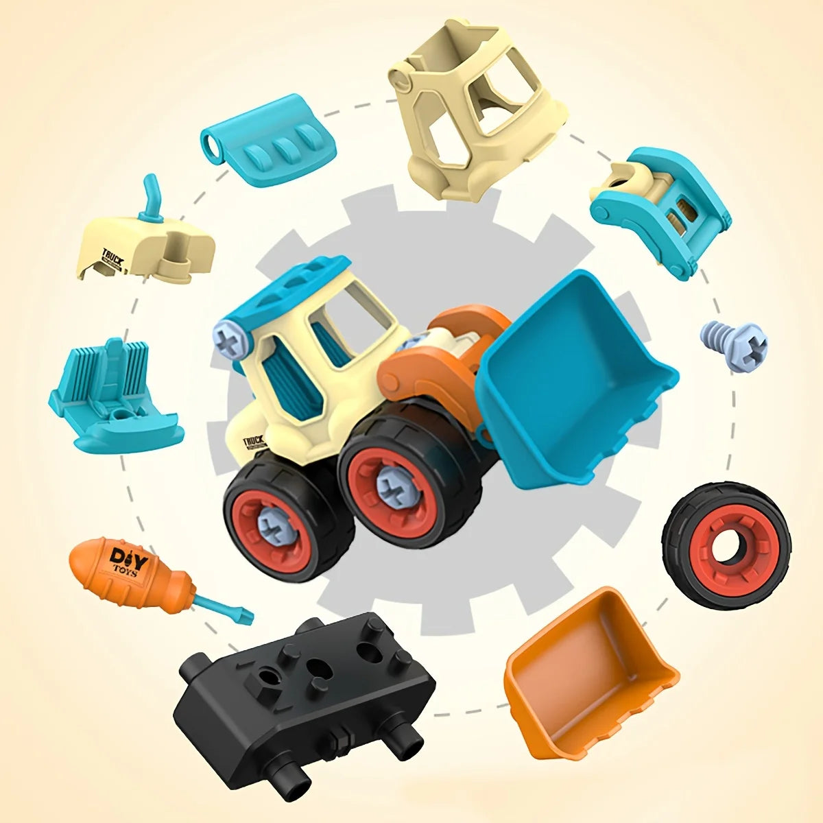 A set of yellow and blue engineering vehicle toys, including a truck body, wheels, and various nut assembly components.