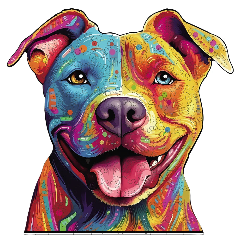 A colorful jigsaw puzzle design of a dog's face featuring vibrant hues of blue, orange, and pink.