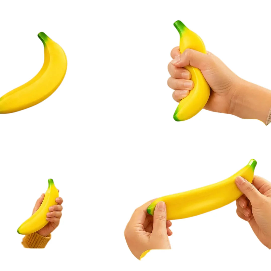 Hands are holding and presenting a bright yellow banana fruit.