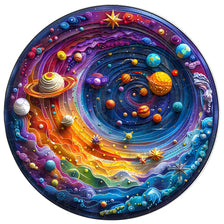 A colorful wooden 3D animal puzzle featuring planets and celestial bodies arranged in a swirling cosmic design.