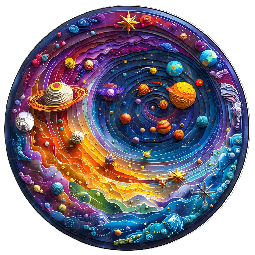 A colorful wooden 3D animal puzzle featuring planets and celestial bodies arranged in a swirling cosmic design.