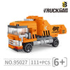 Orange truckcar bulldozer building block set featuring a police helicopter and SWAT carrier vehicle