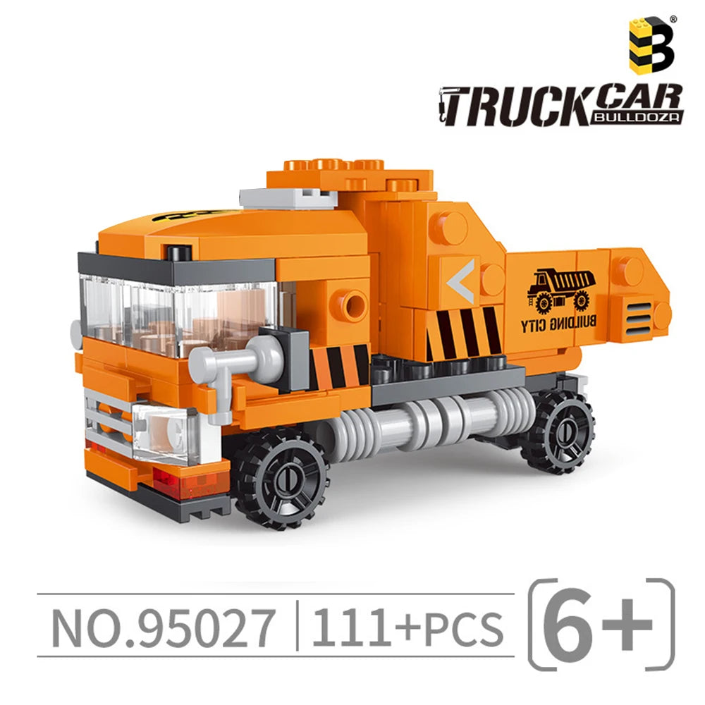 Orange truckcar bulldozer building block set featuring a police helicopter and SWAT carrier vehicle