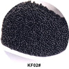 A pile of black seed beads, identified as KF02#, used for jewelry and craft.
