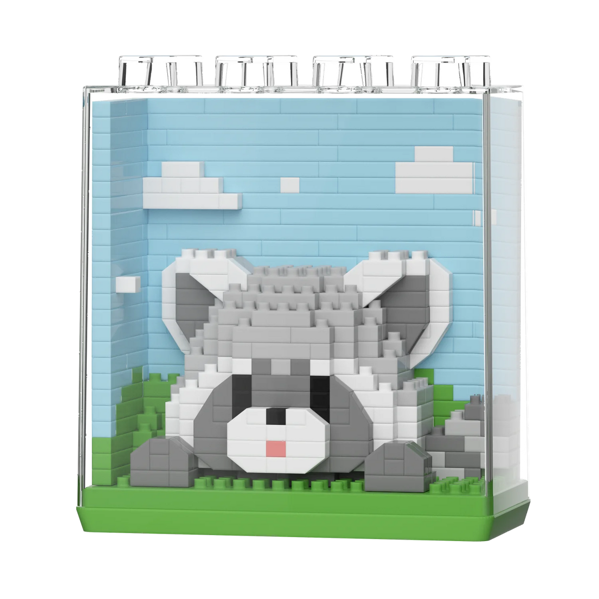 A building block set featuring a panda design displayed in a clear plastic box with a light blue background.