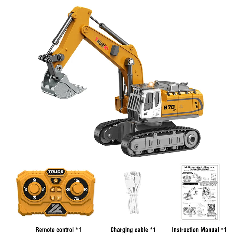 A yellow mini remote control excavator model with a digging arm, battery pack, charging cable, and instruction manual.