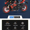 A black and red Suzuki GSX1000R diecast motorcycle model with light effects and rubber tires.