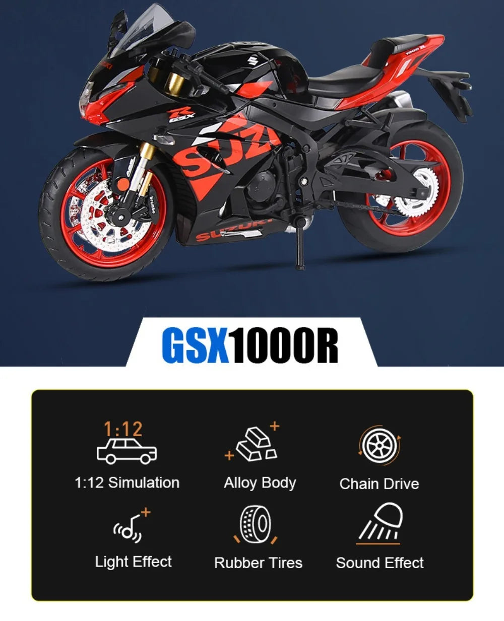 A black and red Suzuki GSX1000R diecast motorcycle model with light effects and rubber tires.