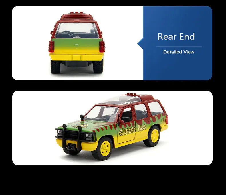 Rear end view of a 1:32 scale diecast model of a Jurassic Park Ford Explorer Tour Vehicle