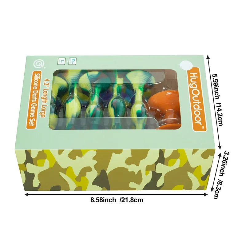 A box containing a silicone dart game set with various darts and an orange piece, featuring a camouflage pattern.