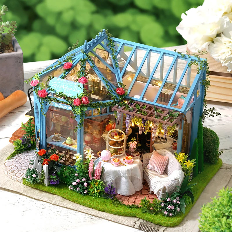 Wooden Dollhouse Kit with Furniture and Lighting
