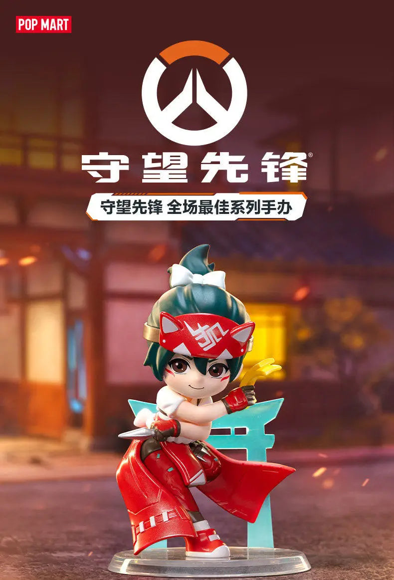 A collectible PVC figurine of a character in Overwatch attire, featuring red and white armor and green hair.