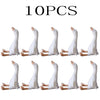 Ten white goose plush toys arranged in a row.