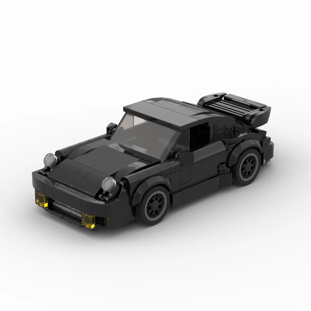 A black classic supercar model built from building blocks.