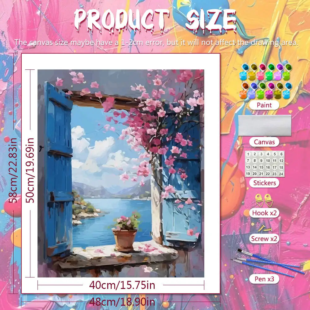 A DIY paint by number kit featuring a seaside flower window scene painted on canvas.