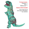 A teal inflatable T-Rex costume for adults standing upright.