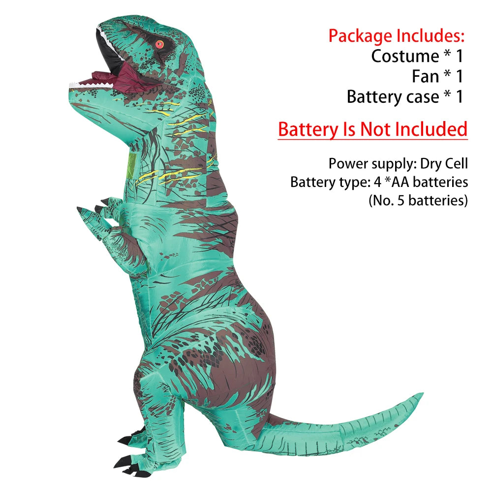 A teal inflatable T-Rex costume for adults standing upright.