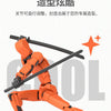 An orange action figure is shown in a dynamic pose, demonstrating its multi-jointed design.