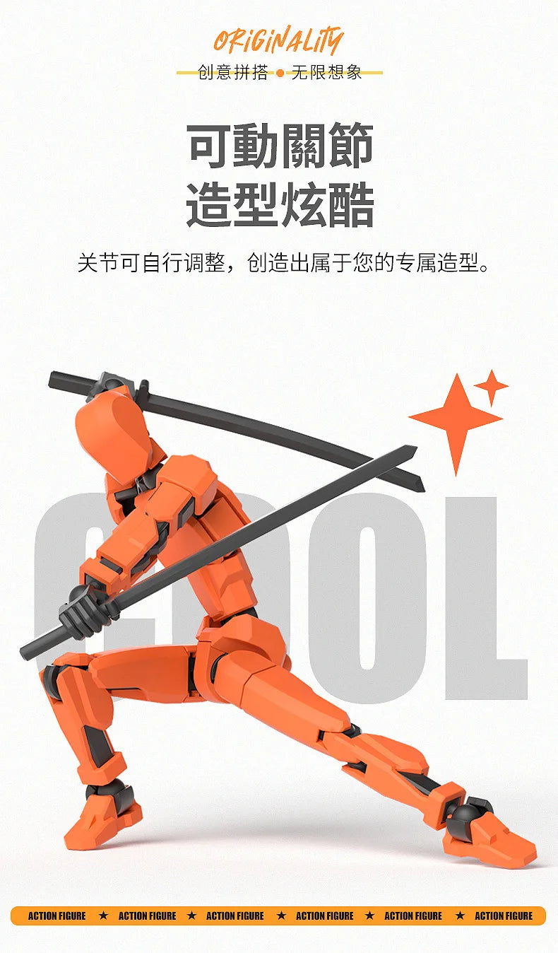 An orange action figure is shown in a dynamic pose, demonstrating its multi-jointed design.