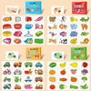 A colorful set of animal matching cards and wooden toys for a toddler learning puzzle game