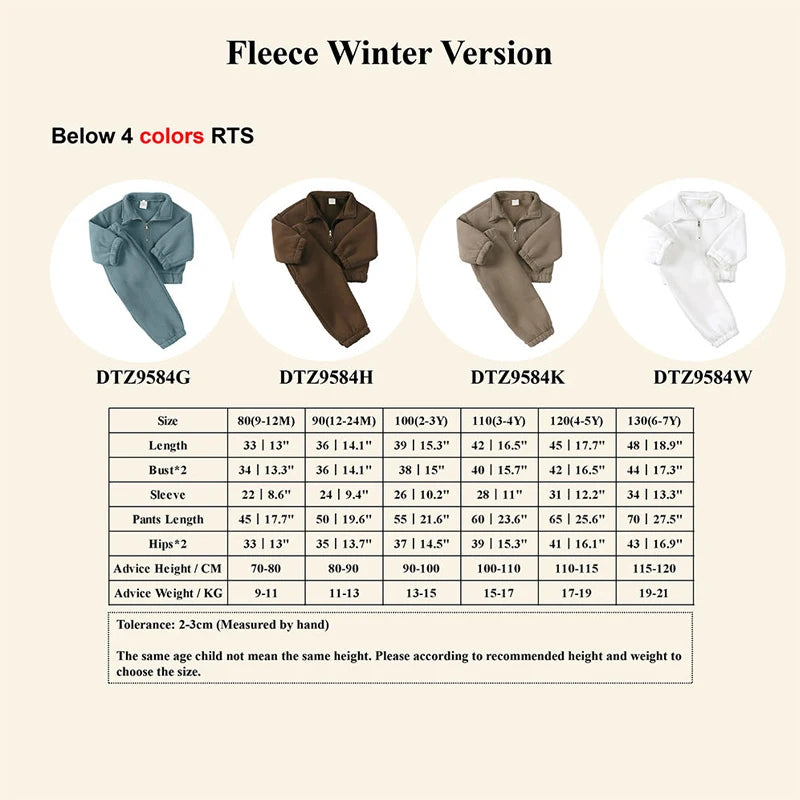 A table showing size measurements for the Fleece Winter Version tracksuit set in various colors.