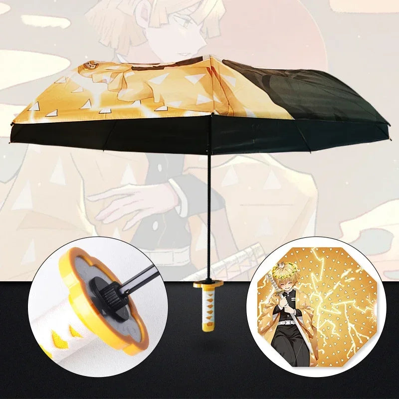 A black umbrella featuring a Demon Slayer Katana design with gold accents and a character illustration.