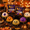 A collection of Halloween-themed squishy stress relief toys including boxes, pumpkins, and decorative items.