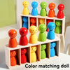 A wooden color matching doll set featuring various brightly colored figures arranged in compartments.
