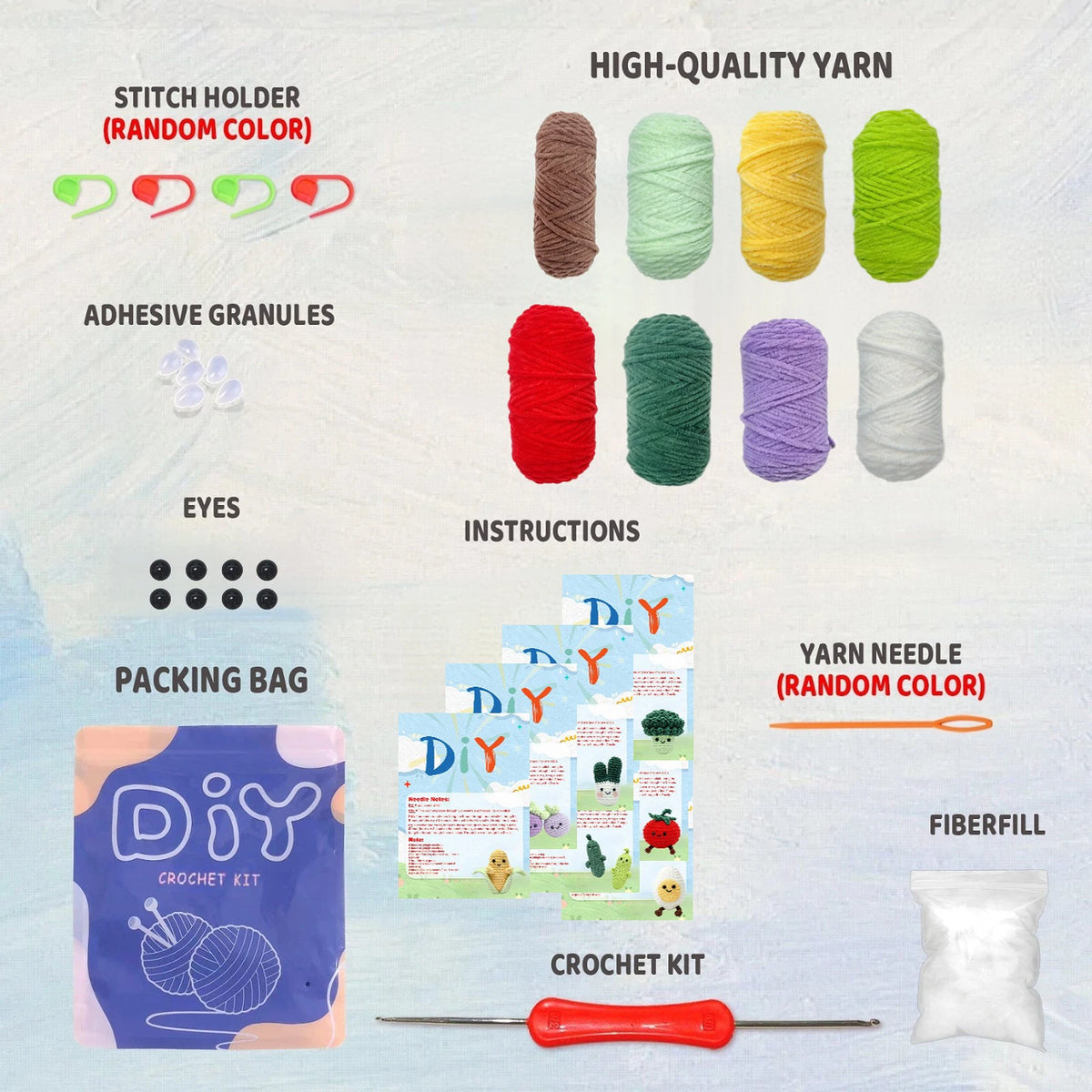 A DIY crochet kit for amigurumi animals showing yarn, needles, granules, and accessories.