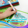 A hand is painting a watercolor pattern in a book featuring dinosaur and animal themes on water-safe paper.