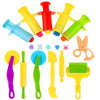 A collection of 12 play dough tools including extruders, cutters, and rollers in various colors like red, yellow, green, and 