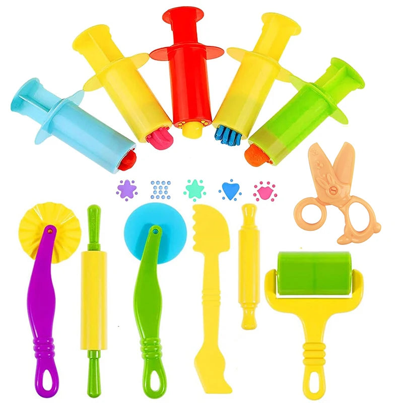 A collection of 12 play dough tools including extruders, cutters, and rollers in various colors like red, yellow, green, and 