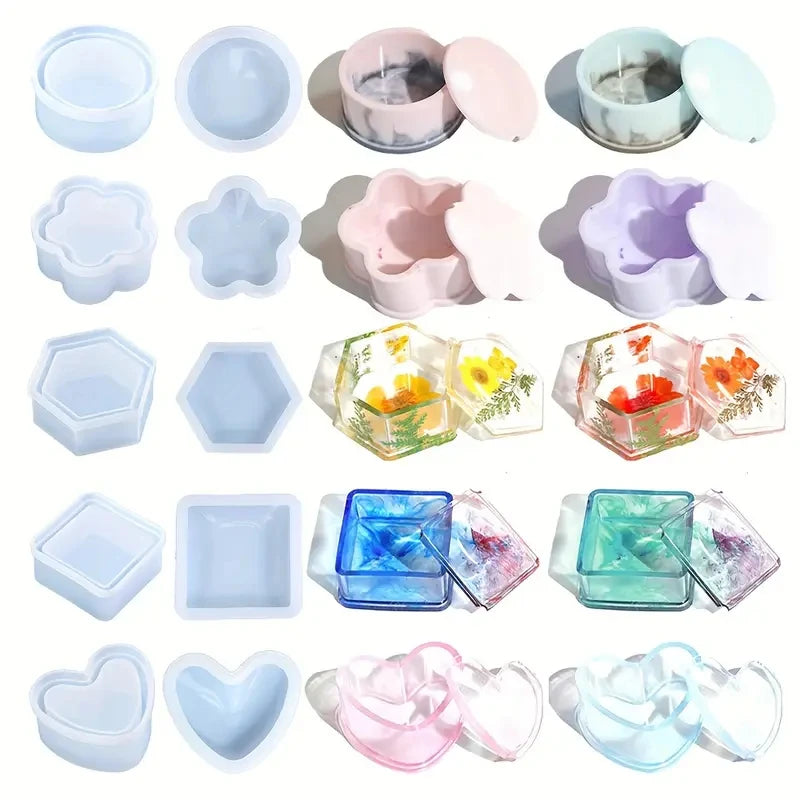 3-Piece Silicone Resin Mold Set with Lids — Heart, Hexagon & Flower Shapes