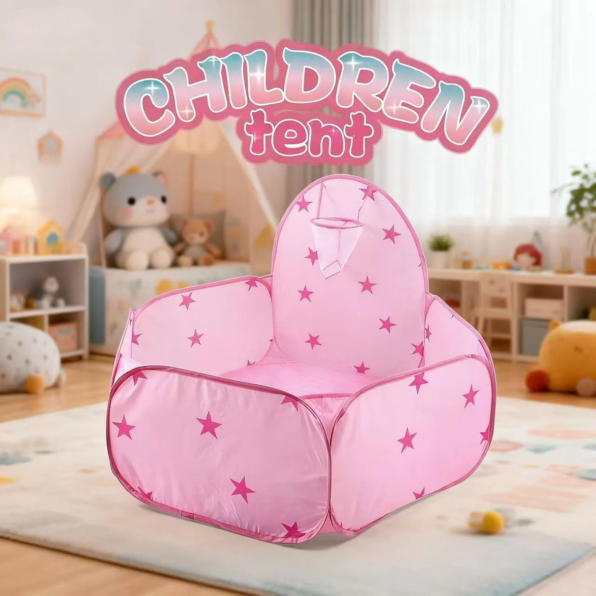 A pink foldable pop-up play tent for children sitting on a light rug in a bright room.