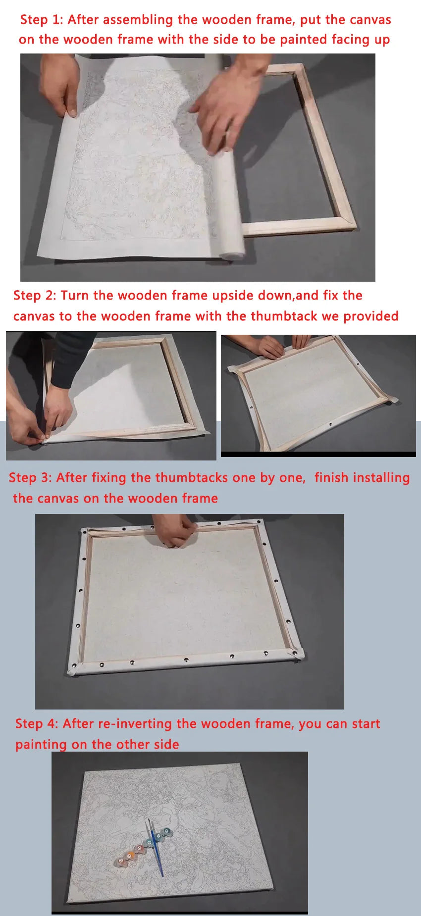 Step-by-step instructions showing how to assemble and paint a canvas on a wooden frame.