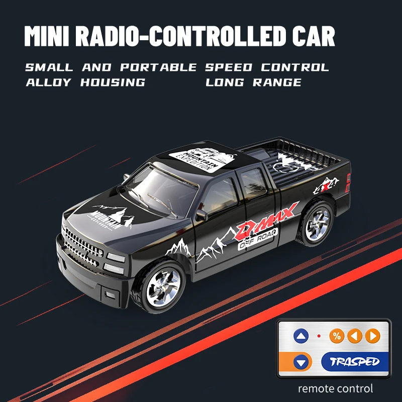 A black mini radio-controlled car with an alloy housing is shown in a side profile on a dark background.