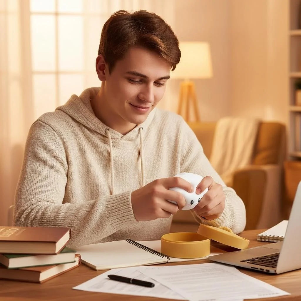A young man is writing on paper in a bright room with a yellow squishy stress ball nearby.
