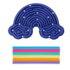 A purple double-sided silicone sensory activity board with 12 strings is shown alongside a stack of colored silicone strings.