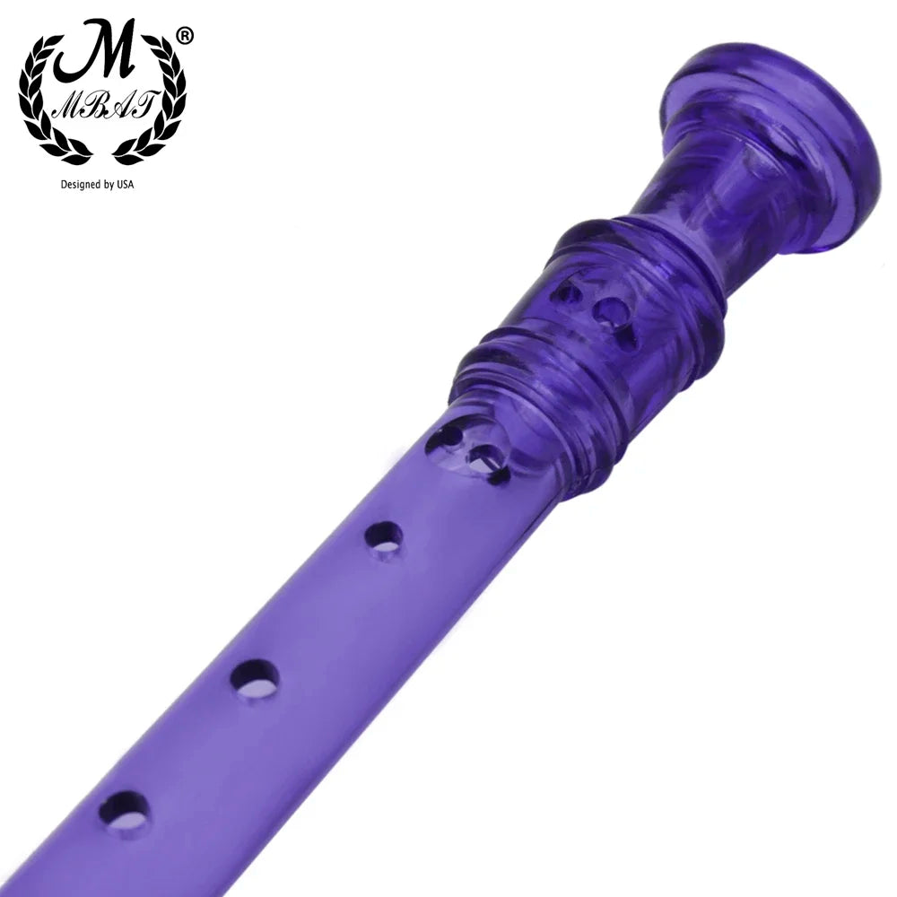 A purple rainbow transparent 8-hole soprano recorder with a cleaning rod.