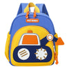 A blue and yellow cartoon digger truck backpack for children.