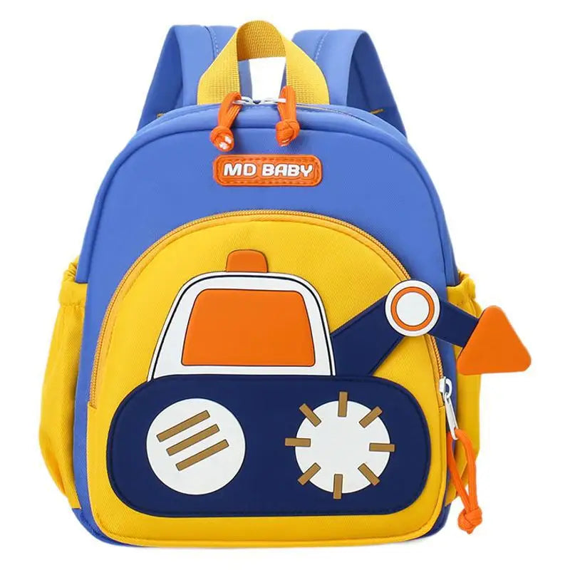 A blue and yellow cartoon digger truck backpack for children.