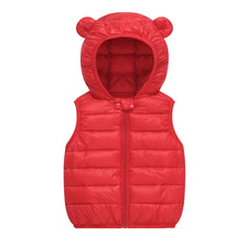 A bright red quilted hooded vest for children.