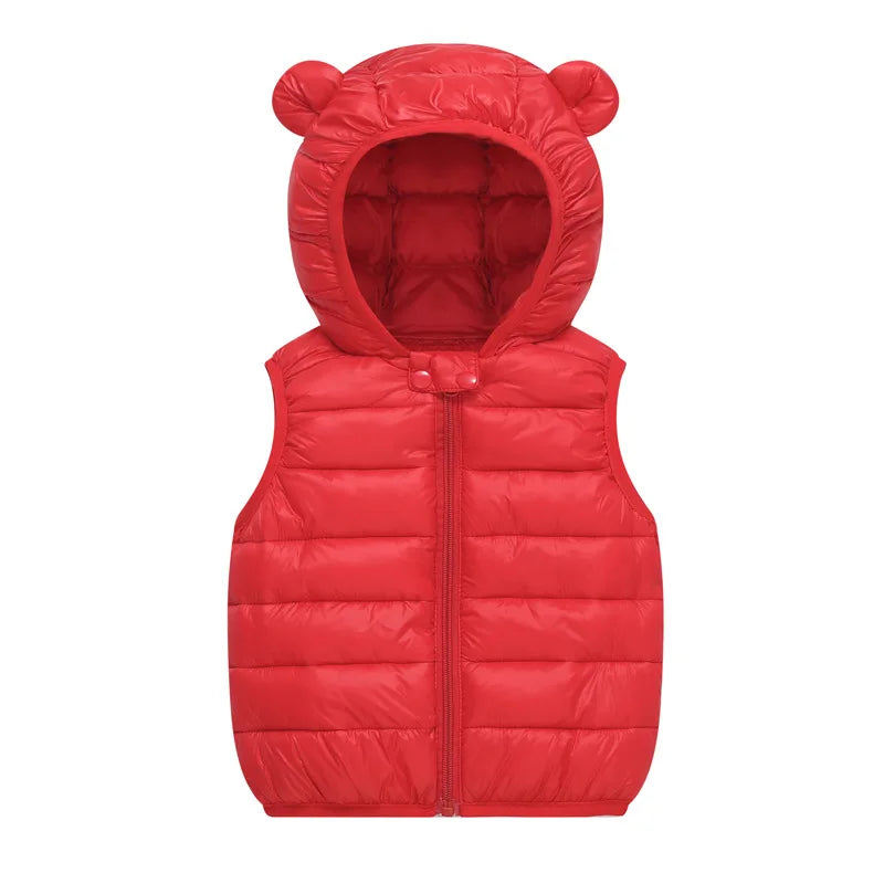 A bright red quilted hooded vest for children.